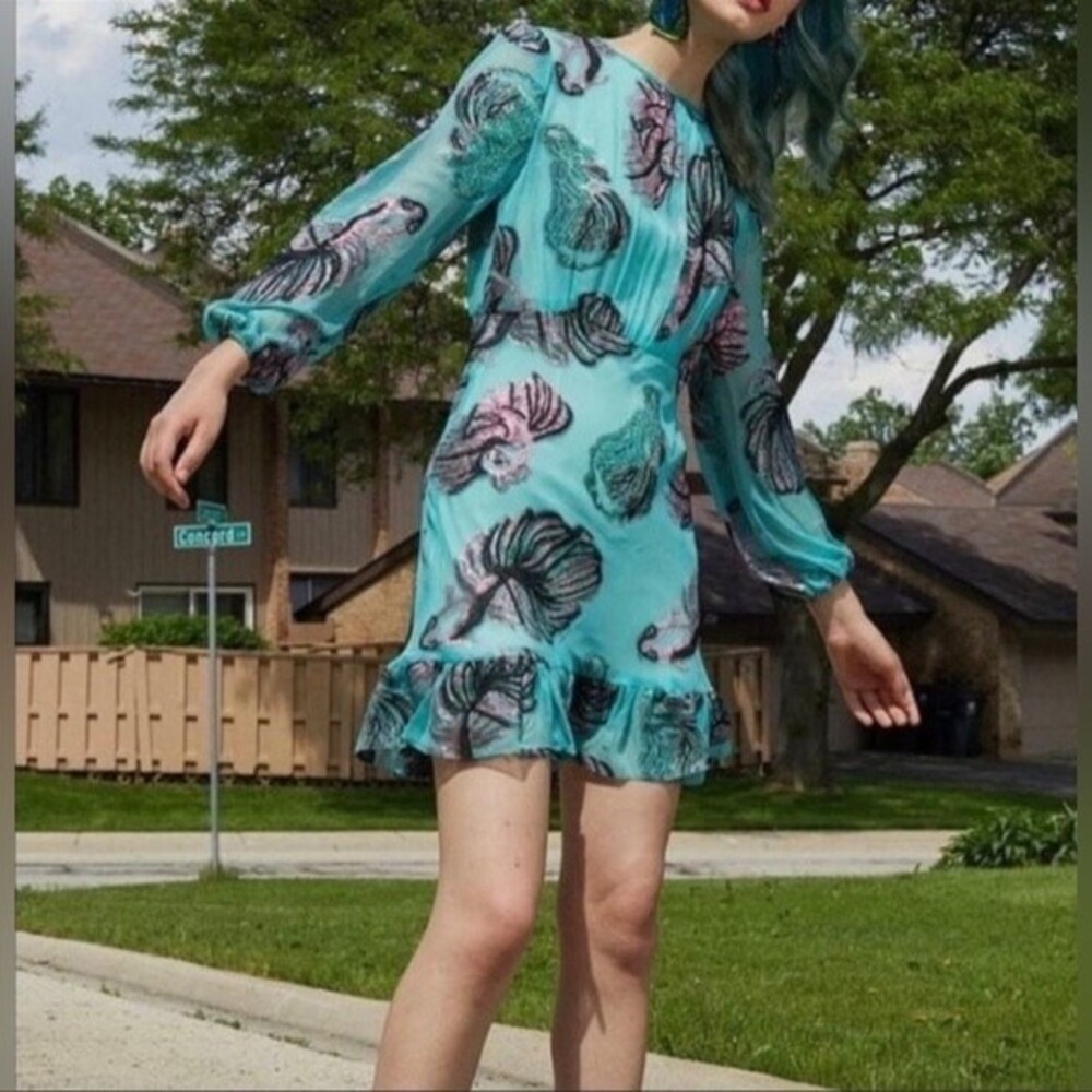Cynthia Rowley Inverness Metallic Fish Blouson-sleeve Dress In Green Sz4